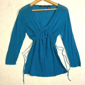 VTG Women Y2K Babydoll Cinch Knit Top Sz M Turquise Coquette Soft Feminine Boho
